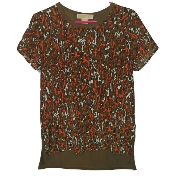 Michael Kors Camo Print Mixed Media Short Sleeve Tee Top T-Shirt EUC - Picture 1 of 5